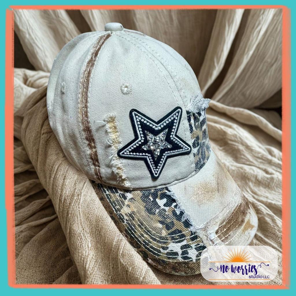 Cap, Leopard Block Star, Trendy, Hand-Decorated Custom for Women