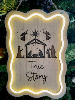 Christmas Decor - Wood, lighted sign, Santa Stop Here, Joy To The World, True Story